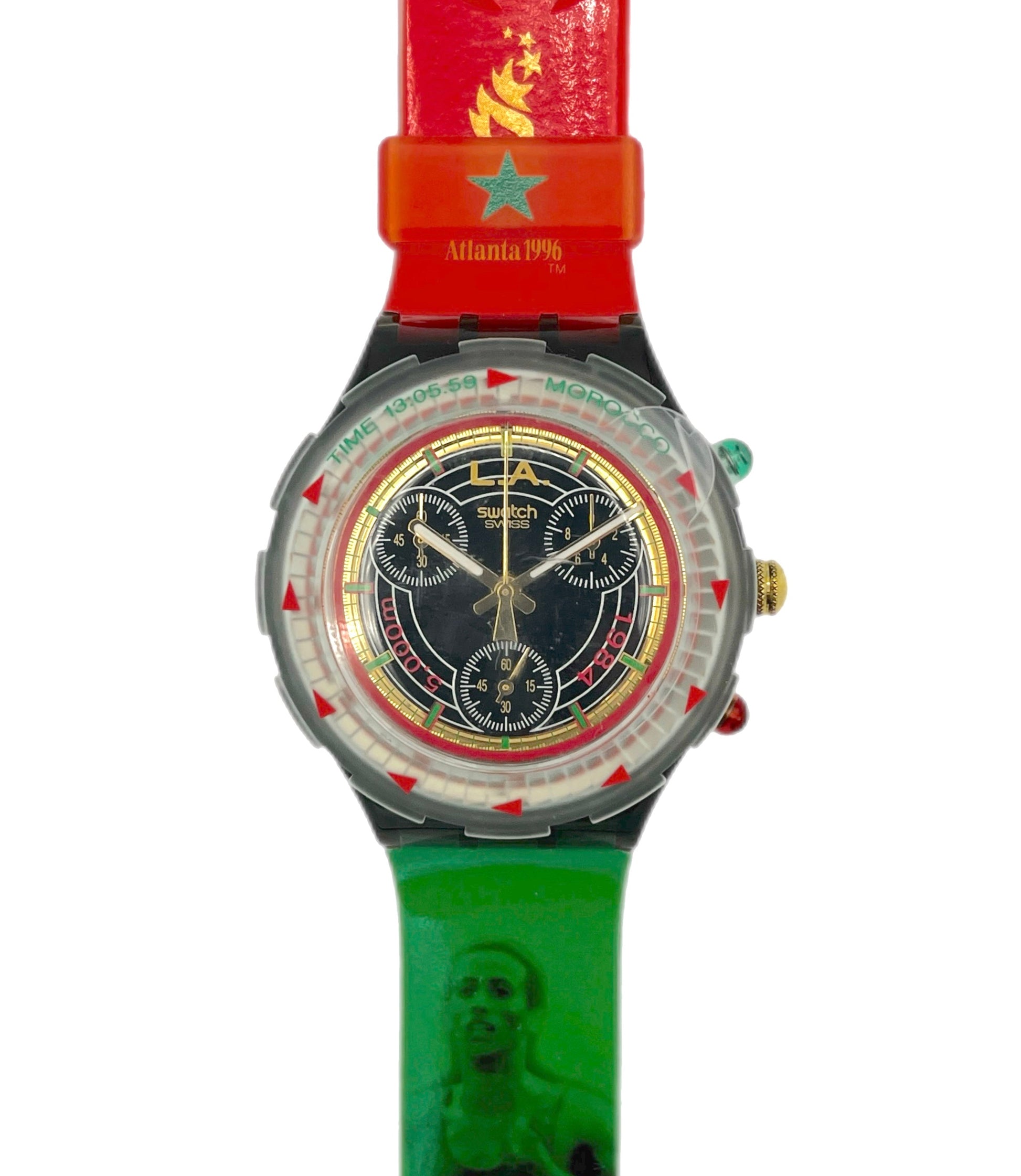 Multicolored watch with a red strap and green case on a white background