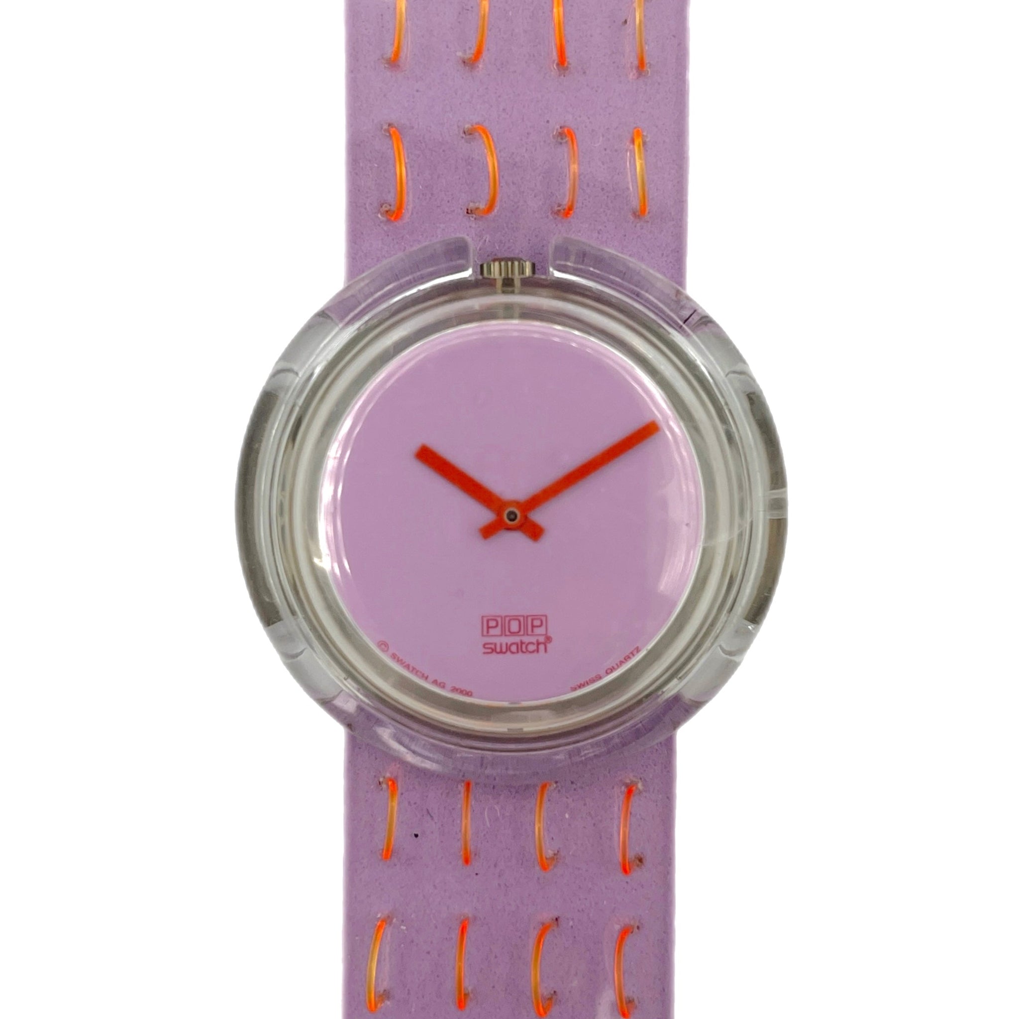 Purple watch with a patterned strap on a white background