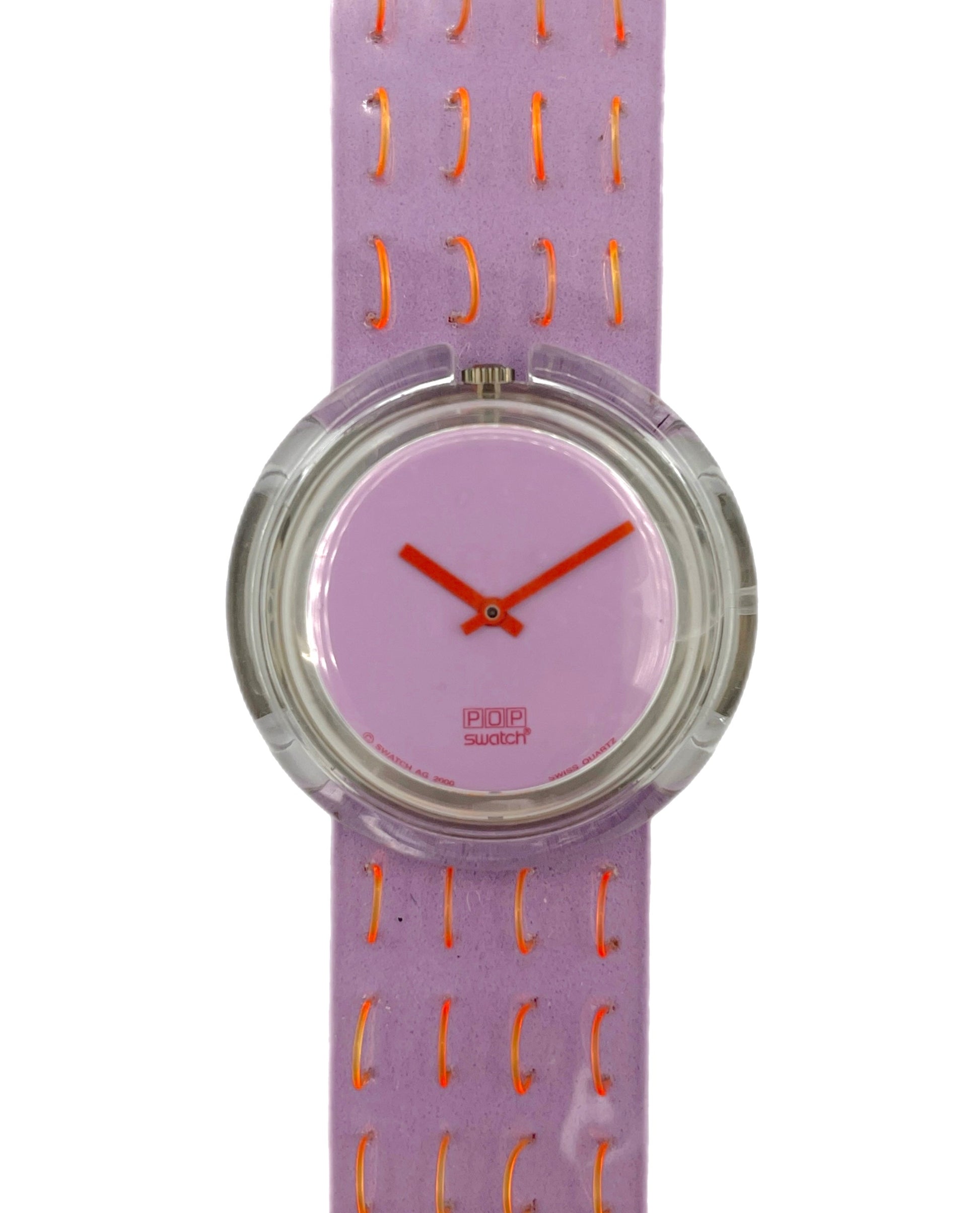 Purple watch with a patterned strap on a white background