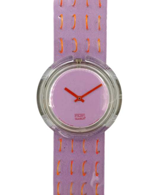 Purple watch with a patterned strap on a white background