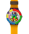 Colorful watch with a multicolored strap on a white background