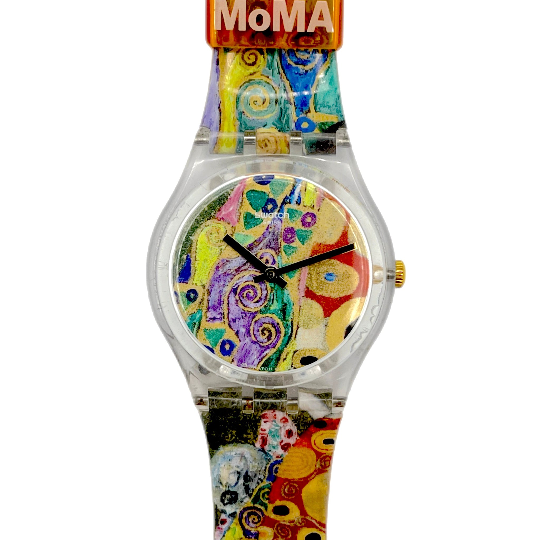 Watch with colorful design and MoMA logo on a white background