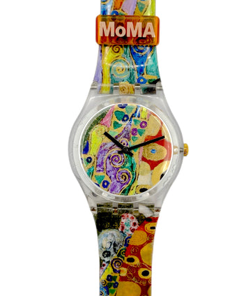 Watch with colorful design and MoMA logo on a white background