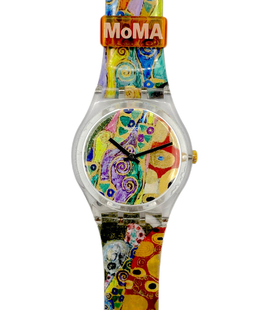 Watch with colorful design and MoMA logo on a white background