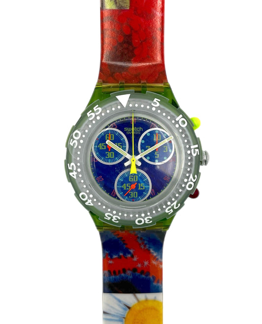 Colorful watch with a floral design on a white background