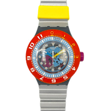 Colorful watch with a red bezel, yellow strap, and silver band on a white background