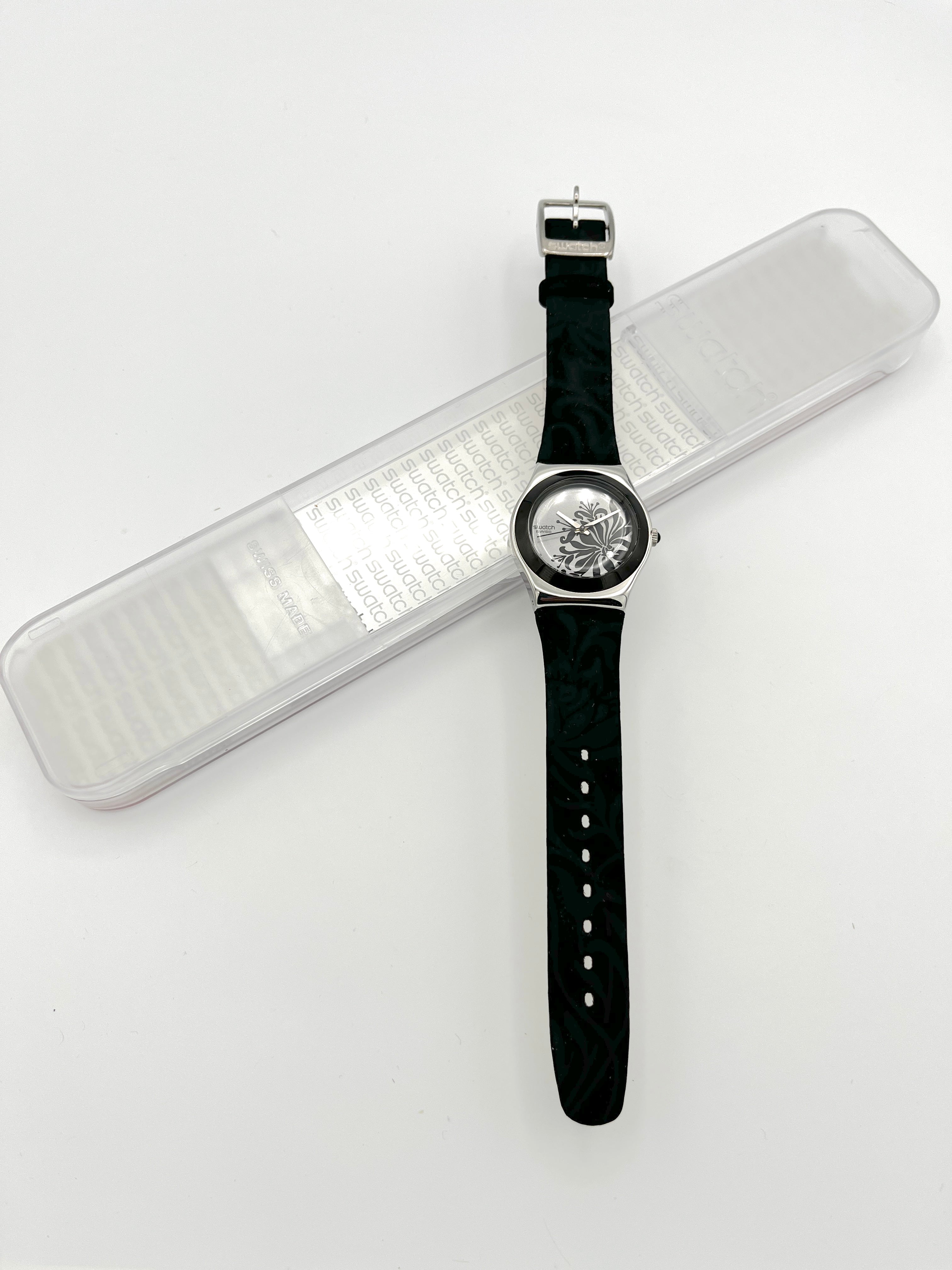 Swatch Black Floral Irony Watch, new battery Swatch Irony,2006,Black Flower YLS146 with life time battery  main image 3