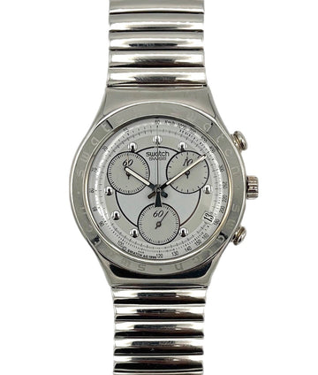 Silver watch with a detailed face on a white background