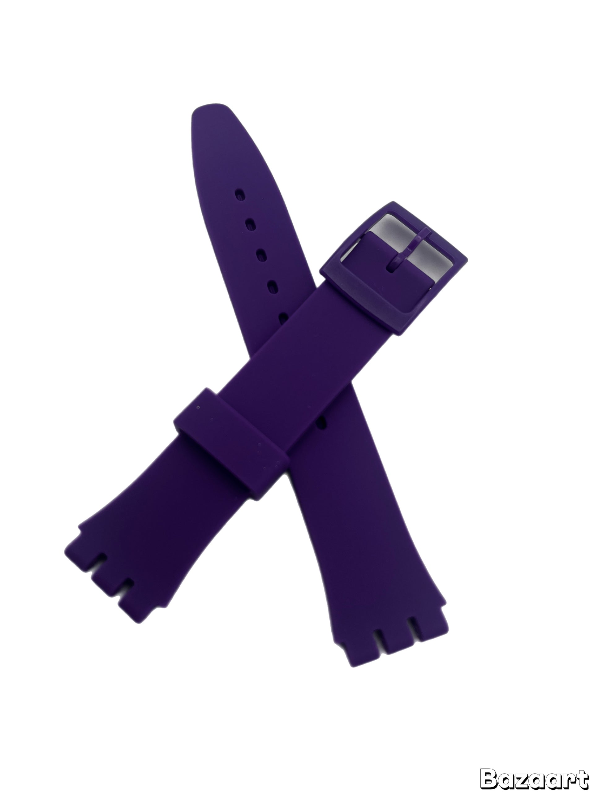 A collection of silicone replacement bands for Swatch watches in various solid colors, displayed side by side.
