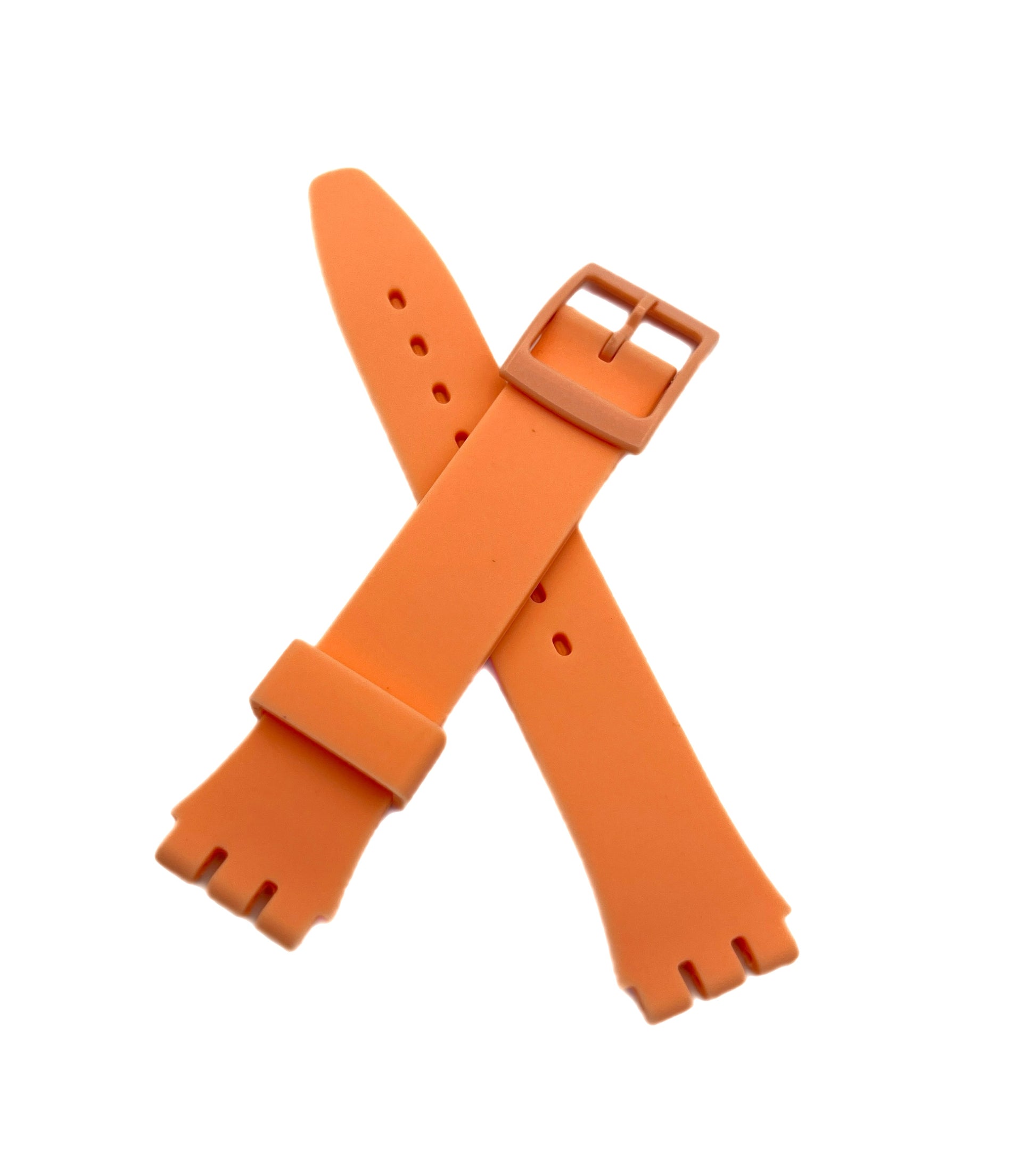 A collection of silicone replacement bands for Swatch watches in various solid colors, displayed side by side.