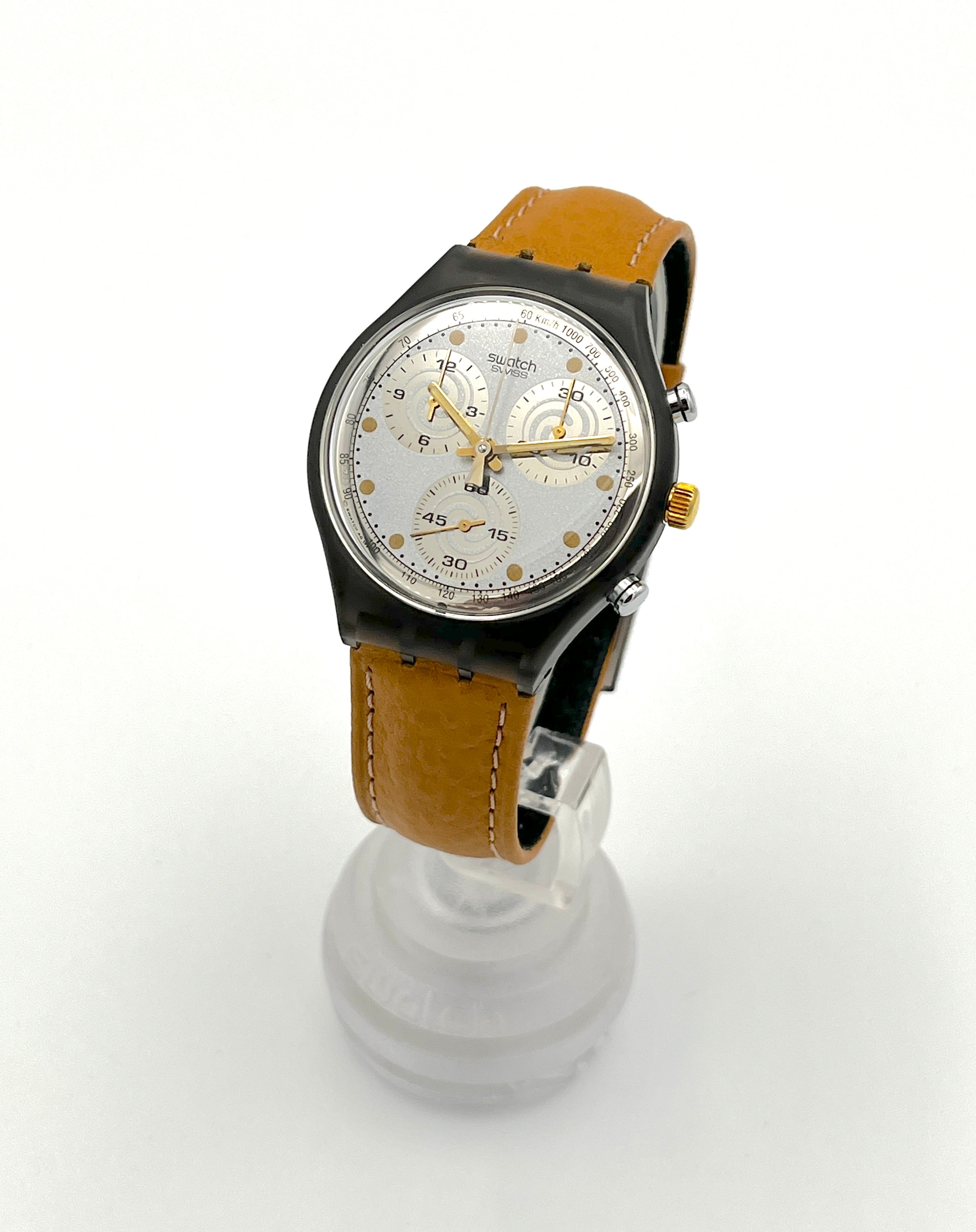 Swatch 1992 Sirio Swirling Chrono SCM101 Camel Leather NOS w/ Original Cse RARE SIRIO – Swatch Vintage Collection main image 4