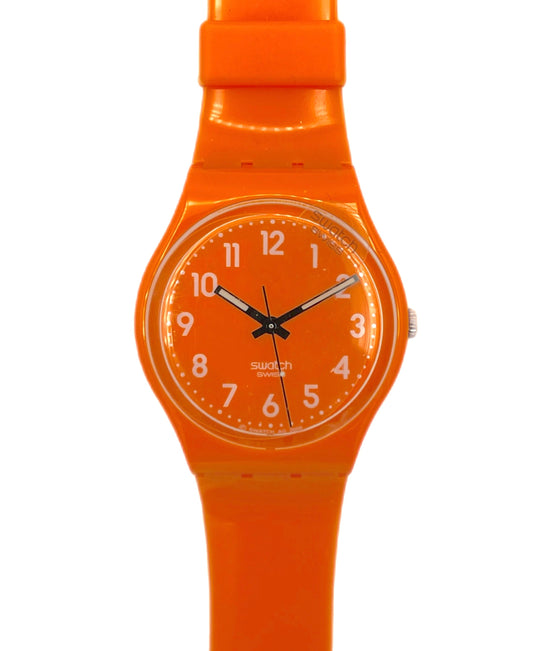 Orange Swatch watch on a white background