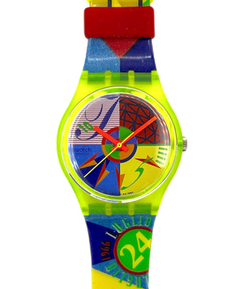 Colorful Swatch watch with abstract design on a white background