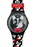 Swatch watch with a black strap featuring a dog design and red accents on a white background