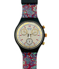 Swatch watch with a colorful band on a white background