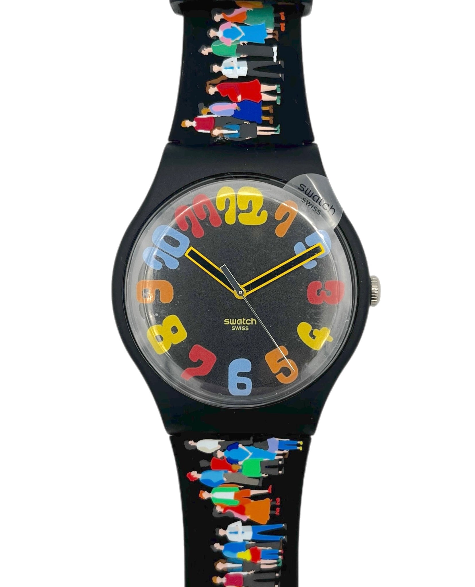 Swatch watch with colorful strap design on a white background