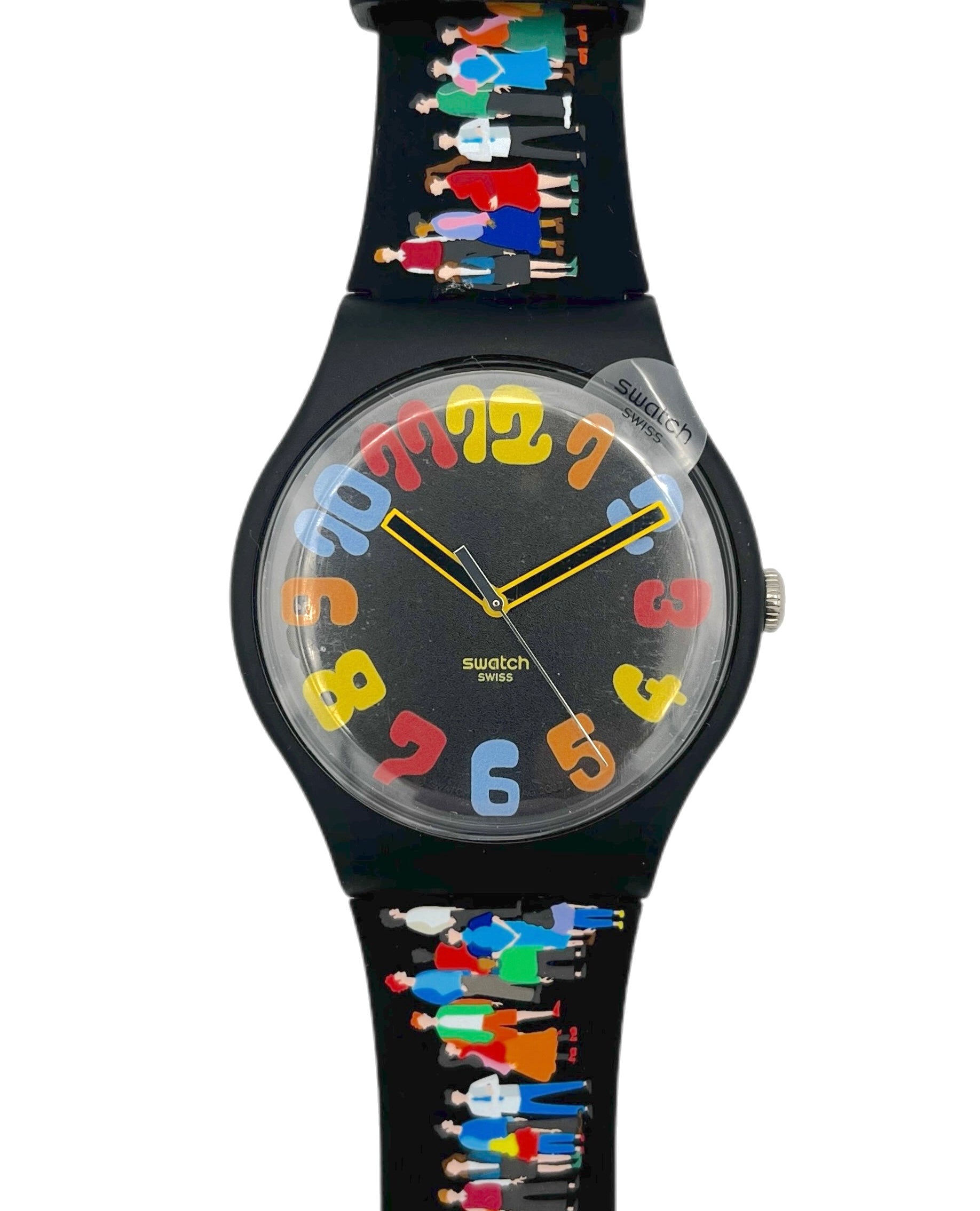 Swatch watch with colorful strap design on a white background