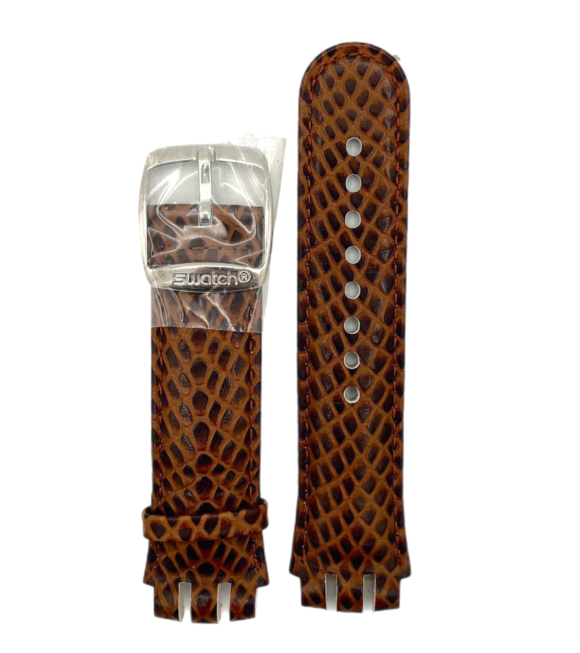 Brown crocodile-patterned watch strap with packaging on a white background
