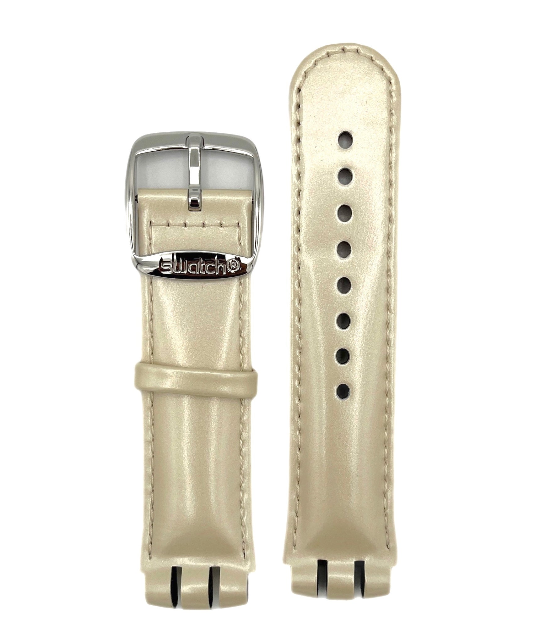 Beige watch strap with buckle on a white background