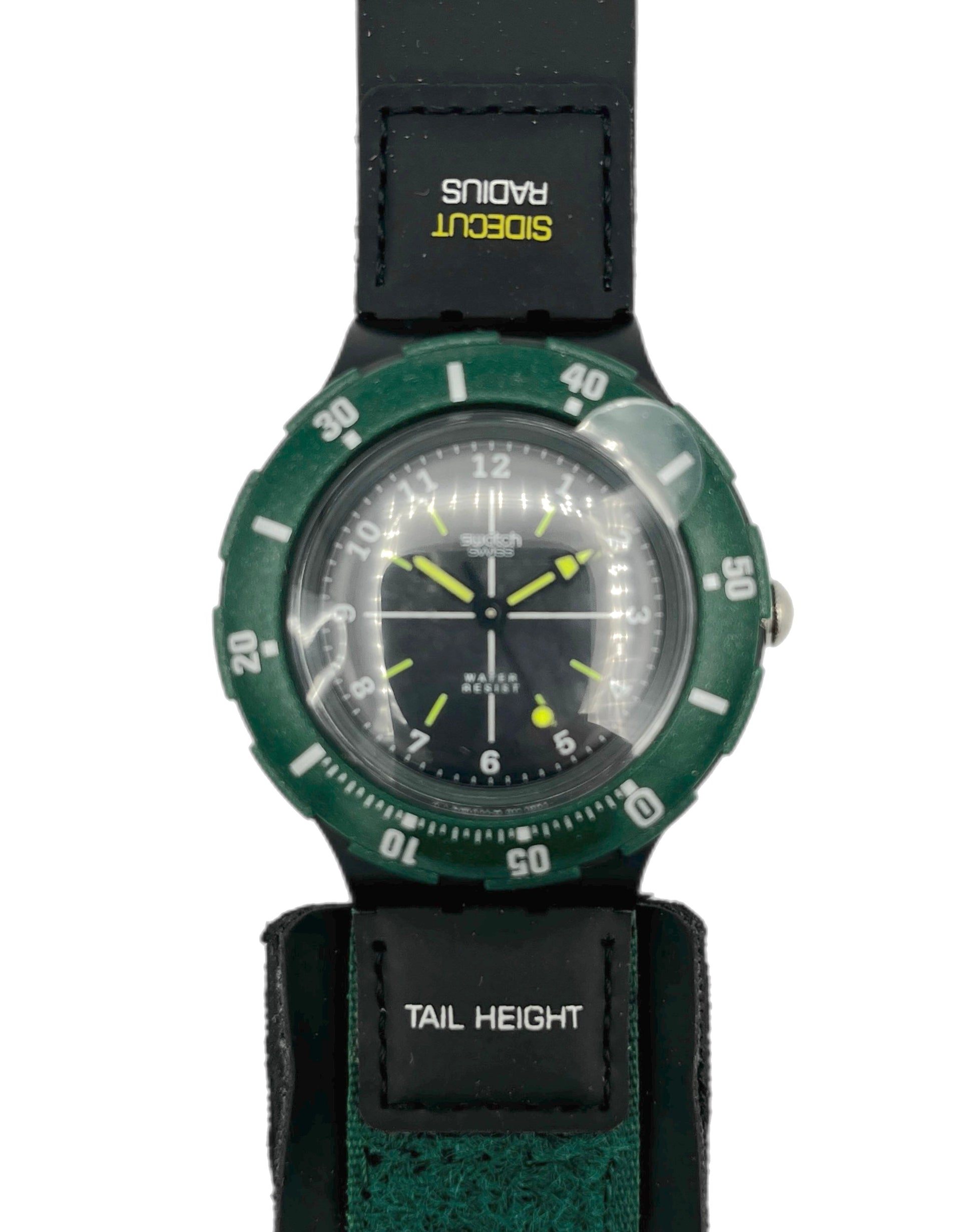 Green watch with black strap on a white background