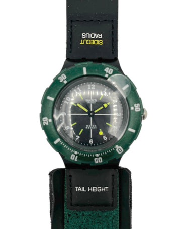 Green watch with black strap on a white background