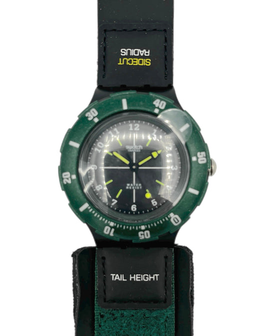 Green watch with black strap on a white background