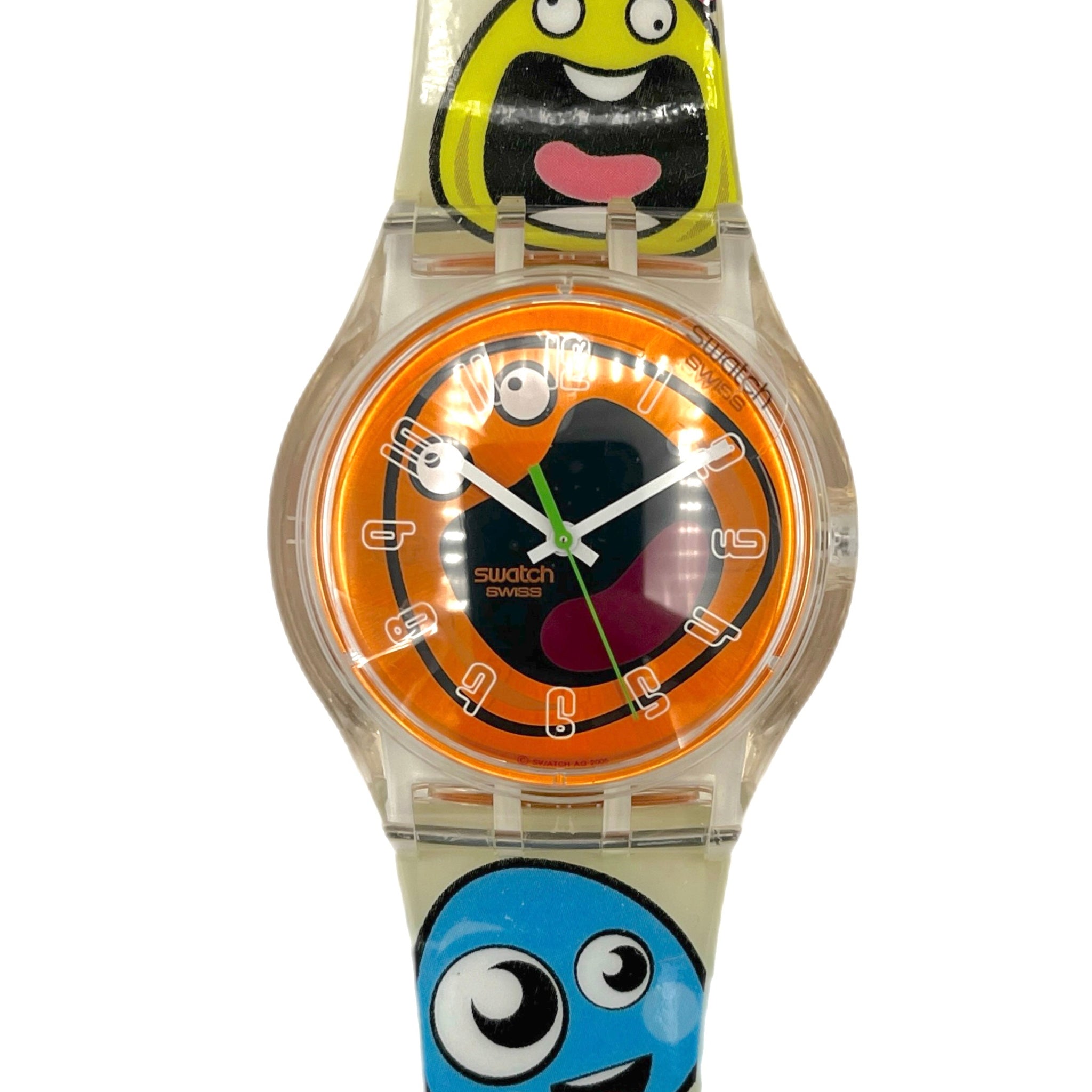 Colorful cartoon-themed watch with a clear strap on a white background