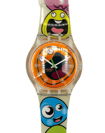 Colorful cartoon-themed watch with a clear strap on a white background