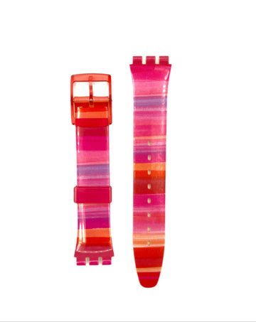 Multicolored striped watch strap with red buckle on a white background