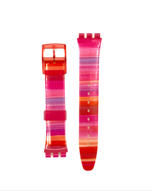 Multicolored striped watch strap with red buckle on a white background