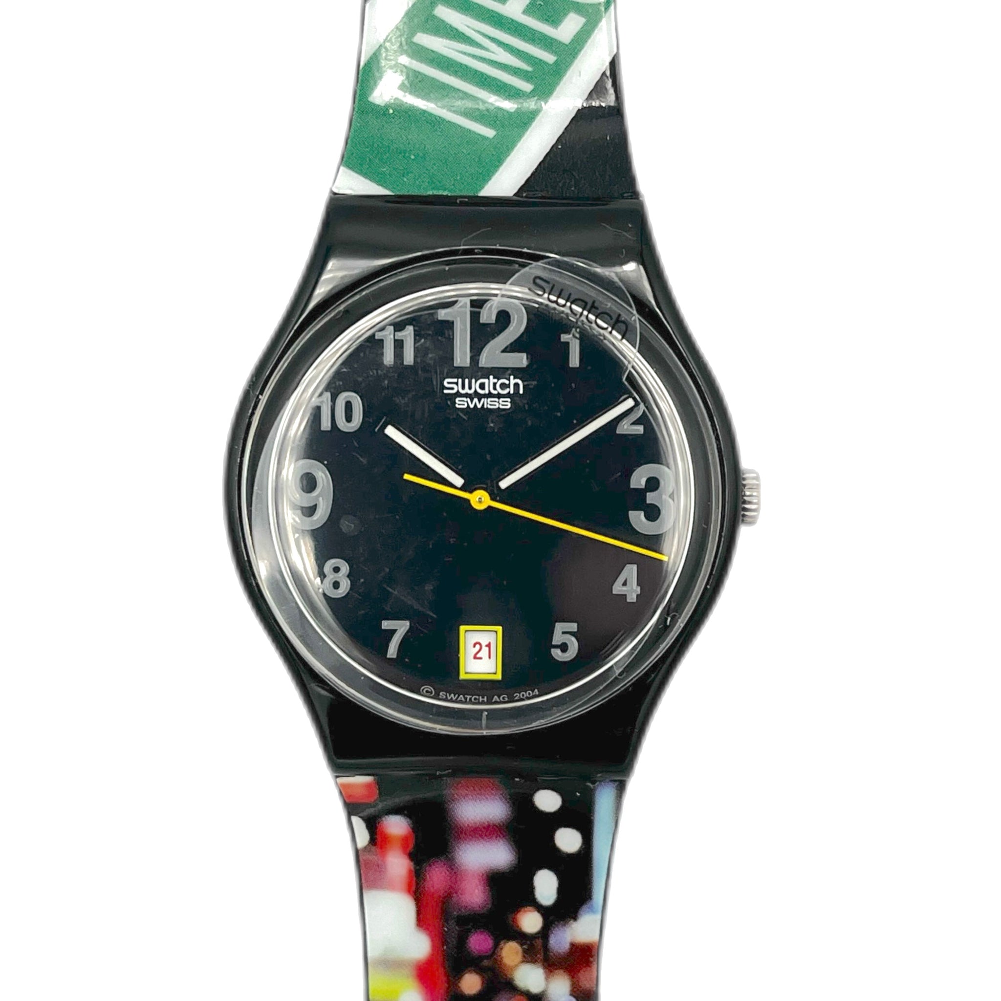 Swatch watch with a colorful strap on a white background