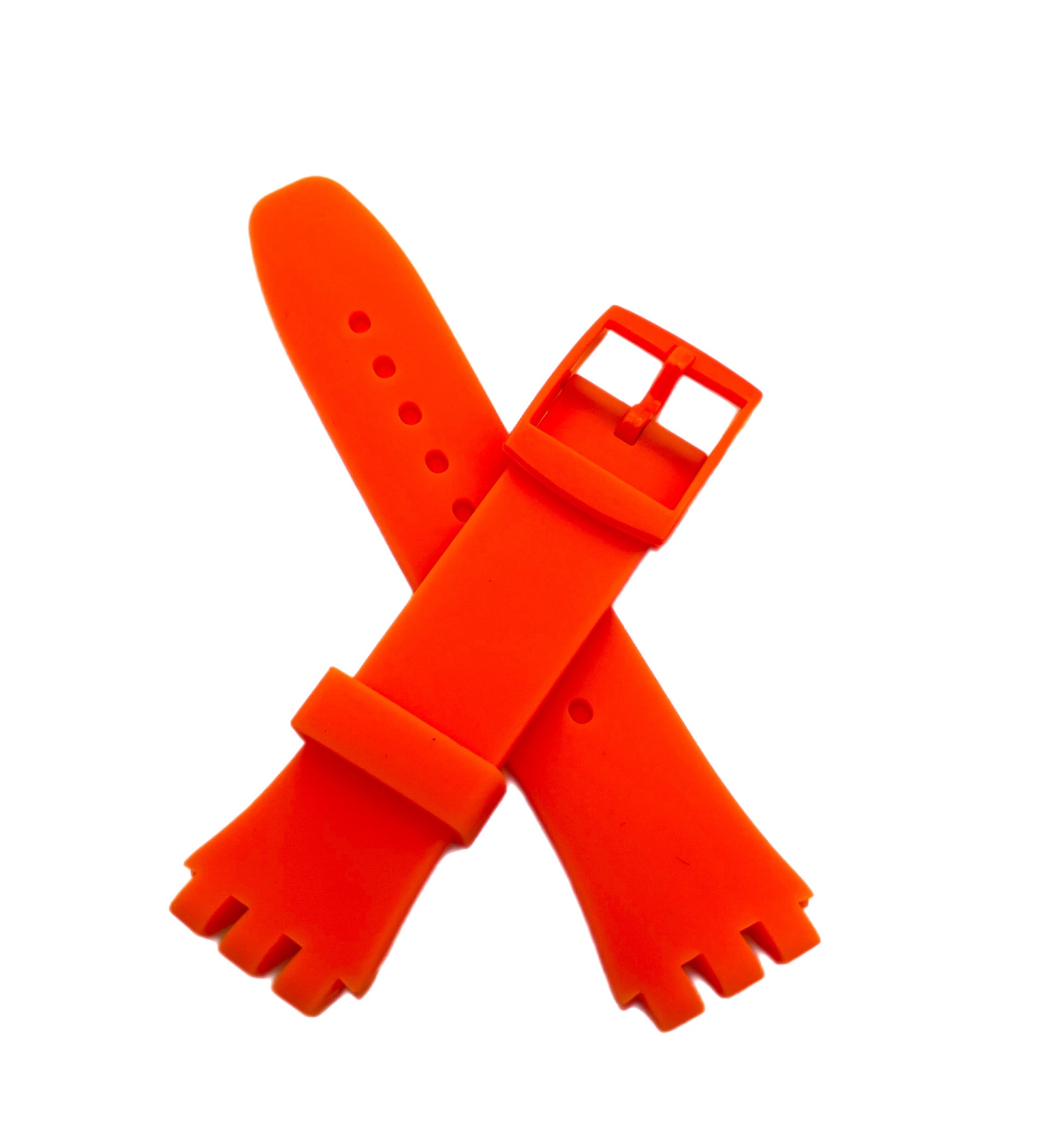 Two orange watch straps crossing each other on a white background