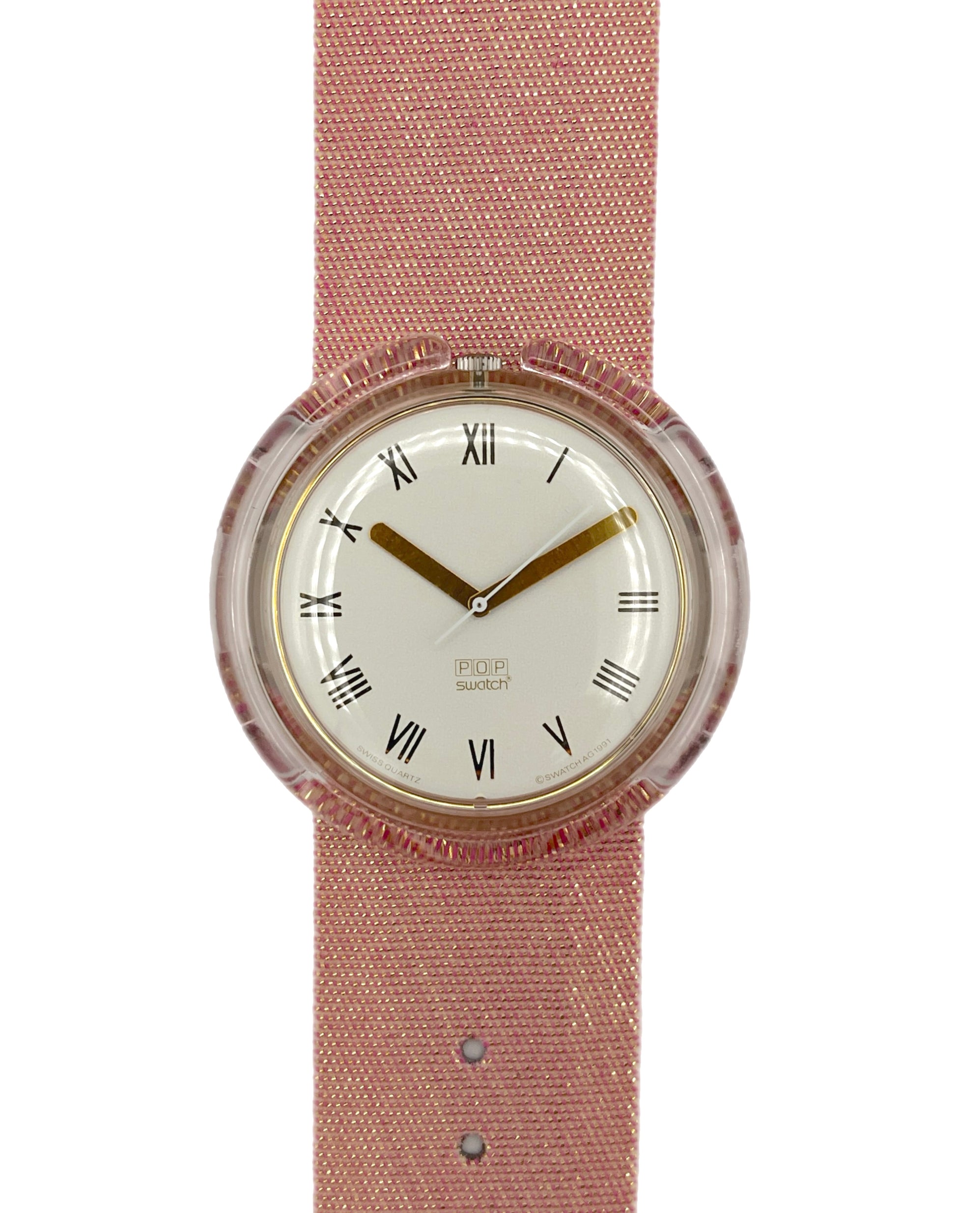 Wristwatch with pink strap and white face on a white background