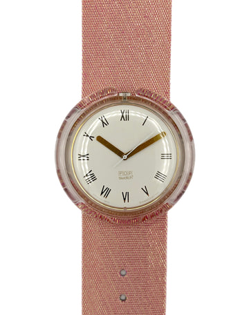 Wristwatch with pink strap and white face on a white background