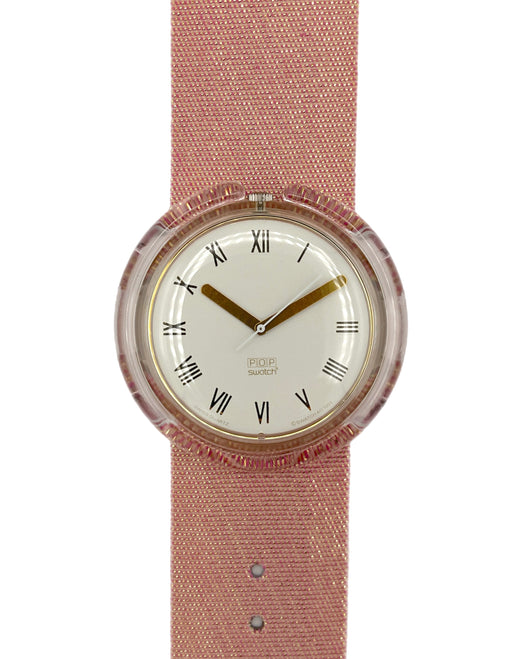 Wristwatch with pink strap and white face on a white background