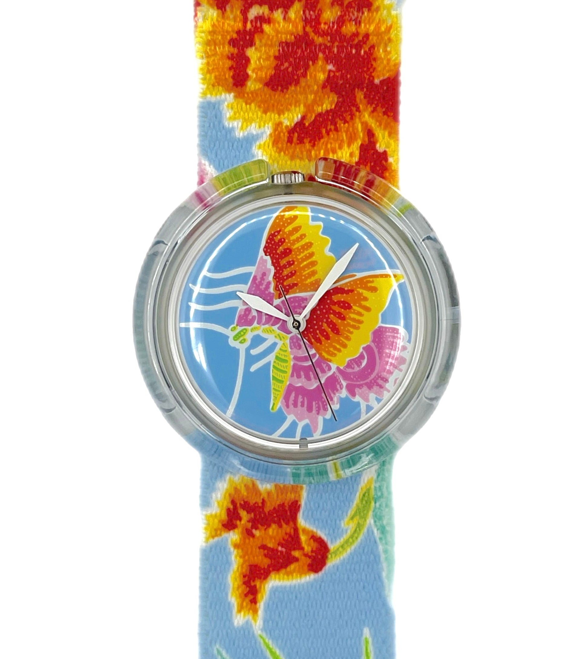 Watch with a colorful floral strap on a white background