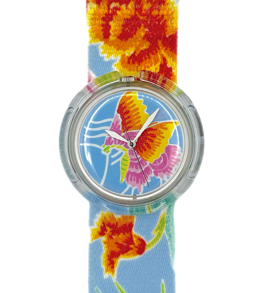 Watch with a colorful floral strap on a white background