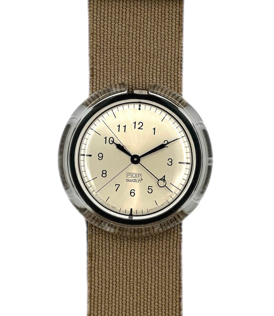Watch with beige face and brown strap on white background