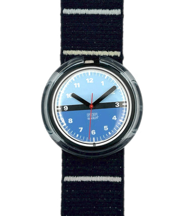 Watch with blue face and black strap on white background