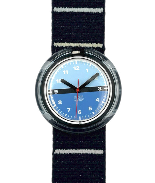 Watch with blue face and black strap on white background