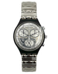 Silver watch with a detailed face on a white background