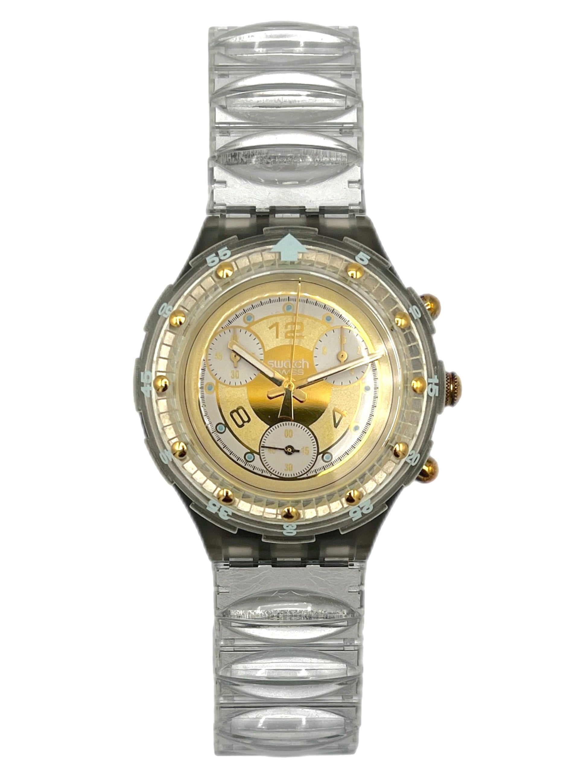 Luxury watch with gold face and silver band on a white background