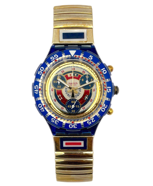 Luxury watch with gold band and blue dial on a white background