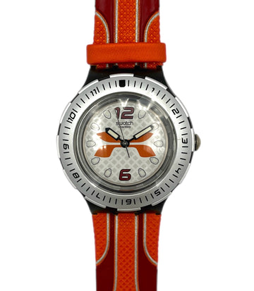 Watch with orange strap and white face on a white background