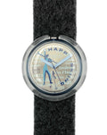 Watch with a black strap and silver case on a white background