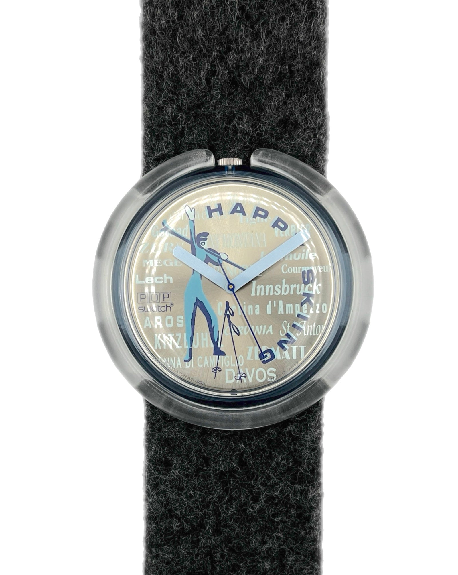 Watch with a black strap and silver case on a white background