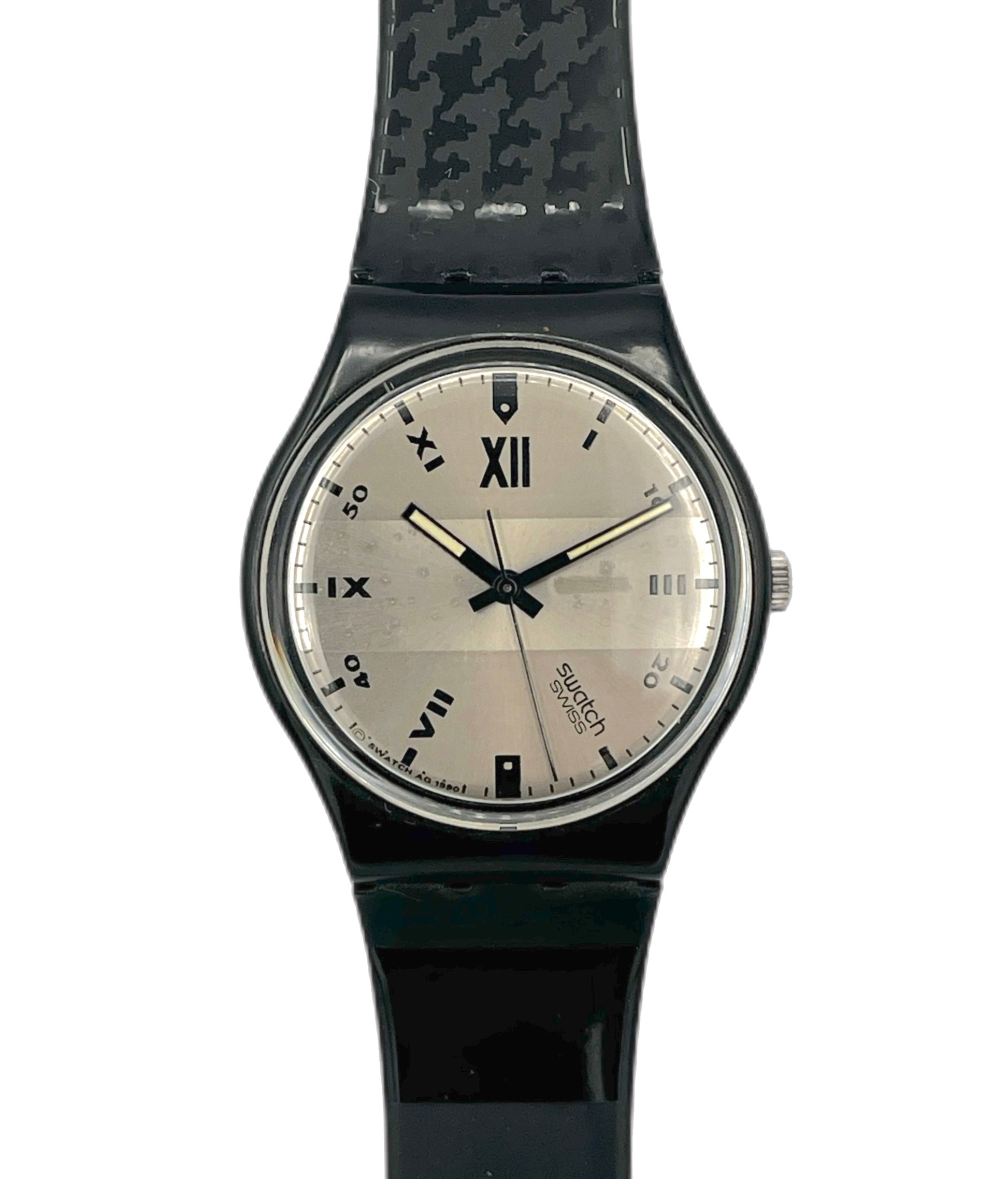 Black wristwatch with a patterned strap on a white background