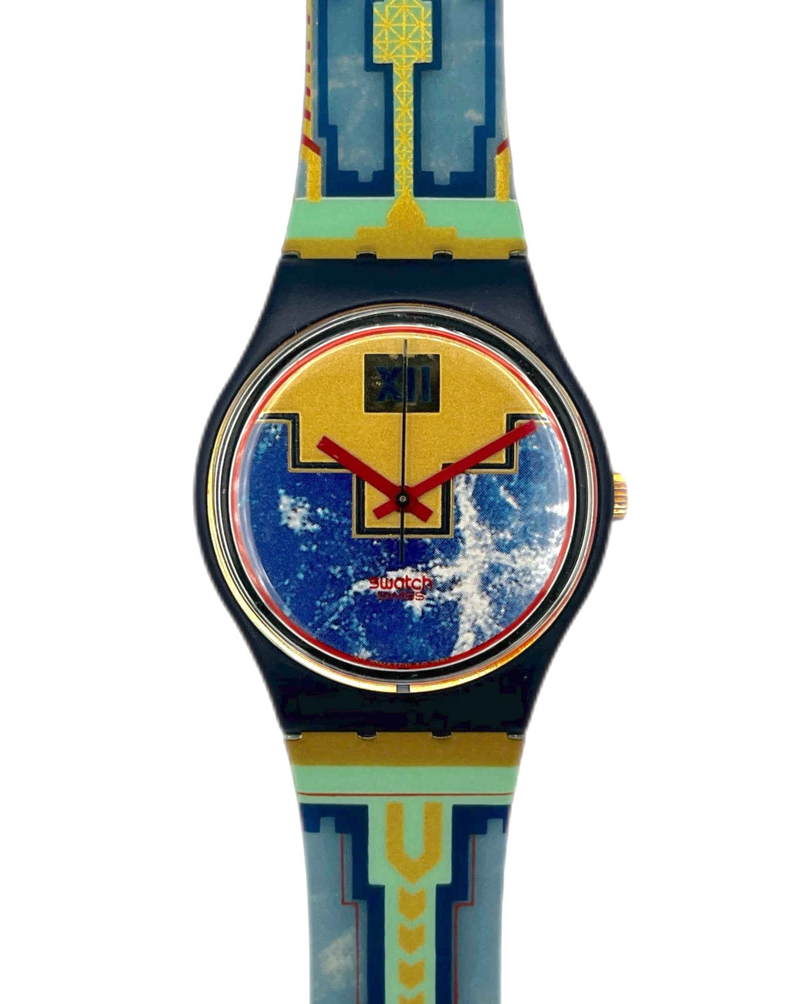 Colorful watch with abstract design on a white background