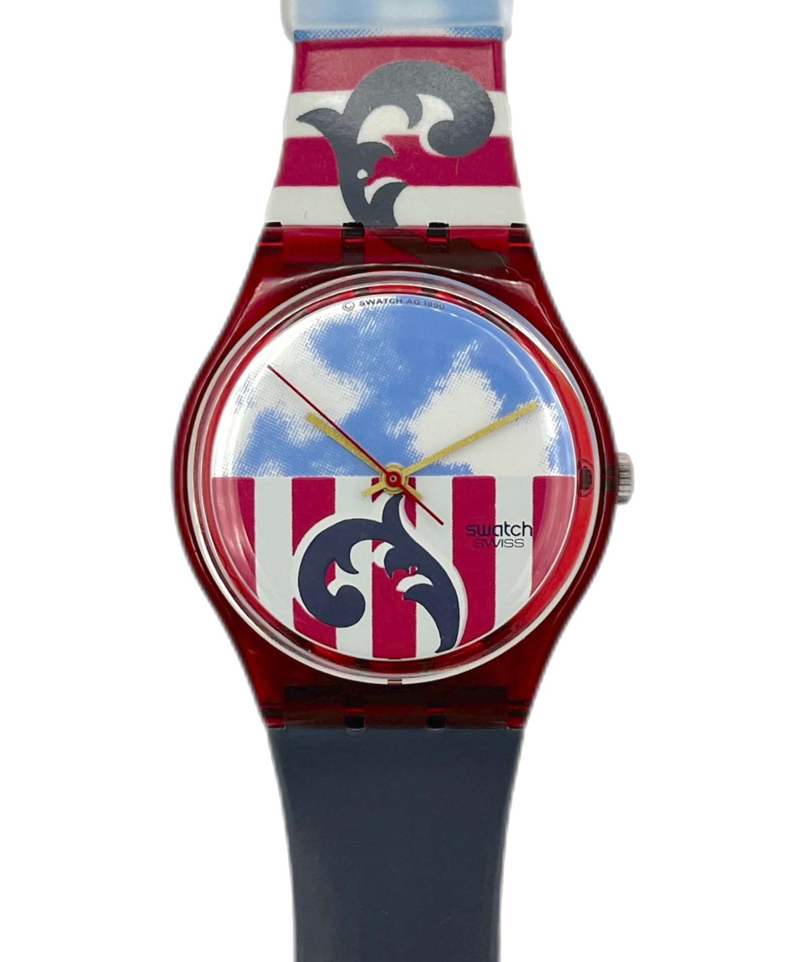 Swatch watch with a colorful strap and blue sky design on the face