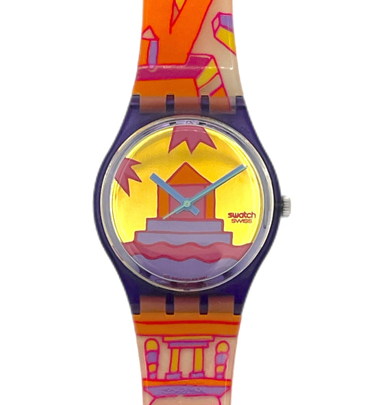 Colorful Swatch watch with a unique design on a white background